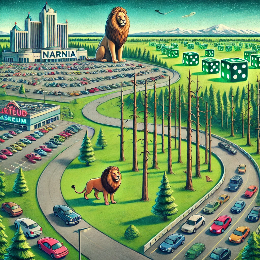 Illustration of Narnian landscape with parking lots