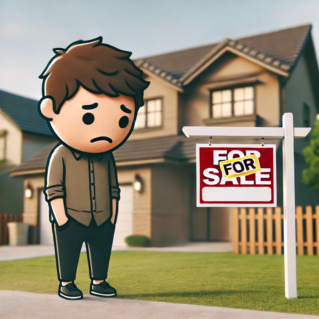 Sad Person in Front of House with For Sale Sign